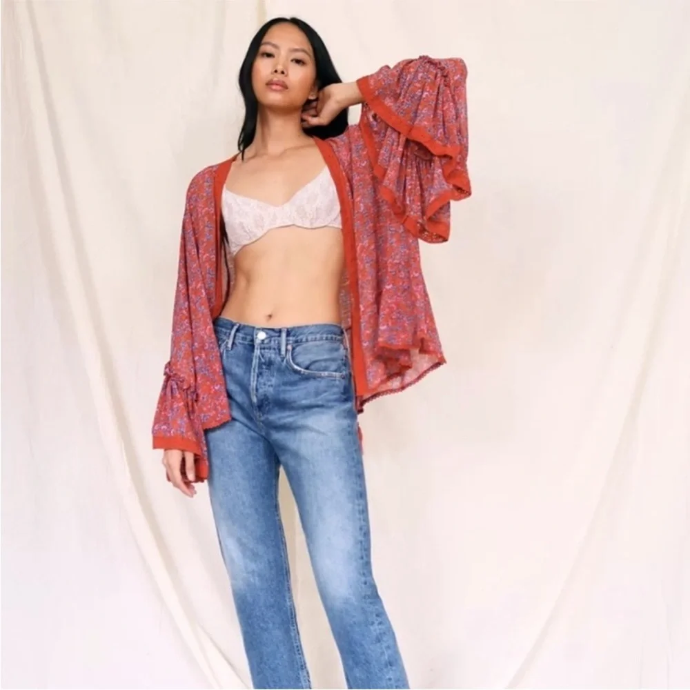 Free People Lola Wild Red Kimono Tassel Tie  Sz Small Relaxed Fit NWT Ret $98